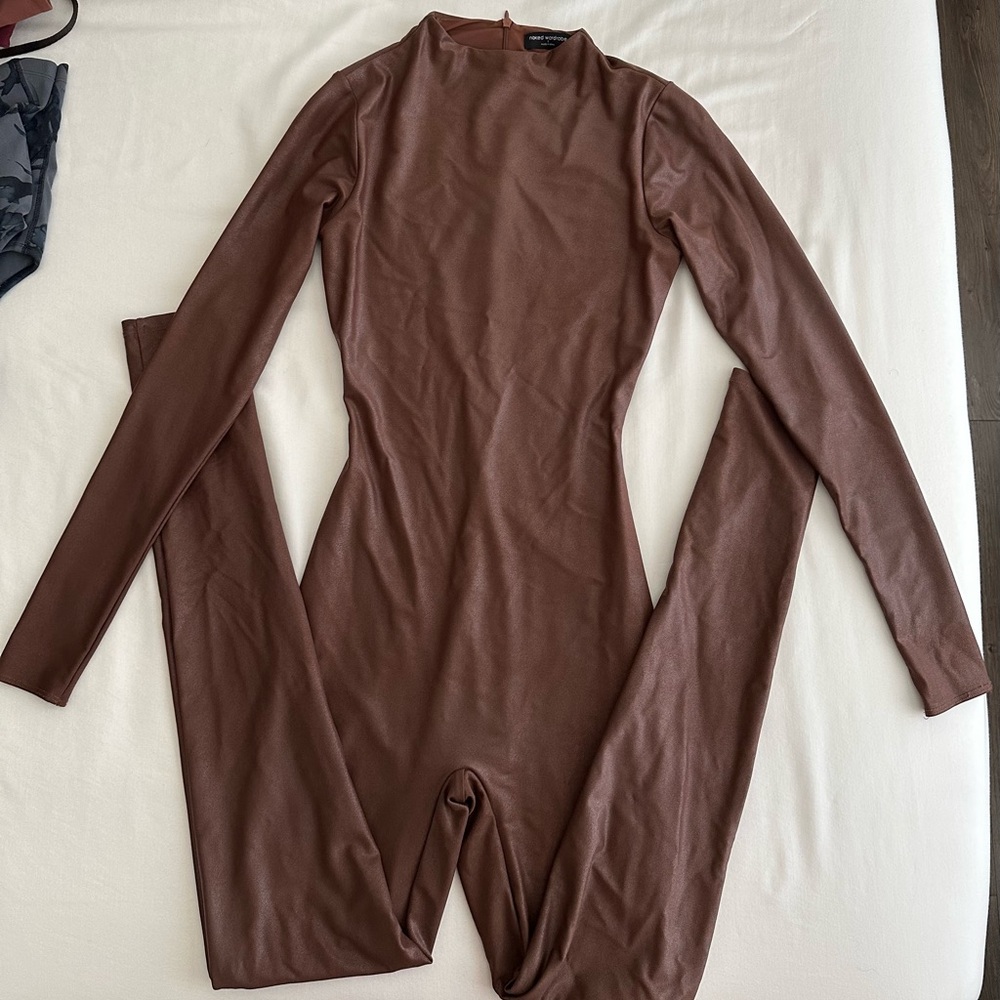 Naked Wardrobe Faux Leather Long Sleeve Jumpsuit in Rich Brown